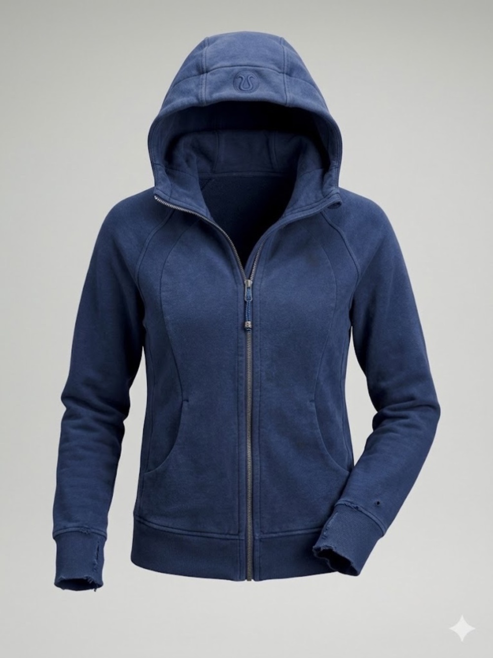Lululemon Scuba Full Zip Hoodie - Washed Navy Blue (Size 10) - Distressed/Flawed